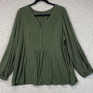 Torrid balloon sleeve boho peasant top blouse 1X olive green stretchy knit tunic